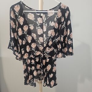 Blue Rain Floral Tie-Front Blouse
